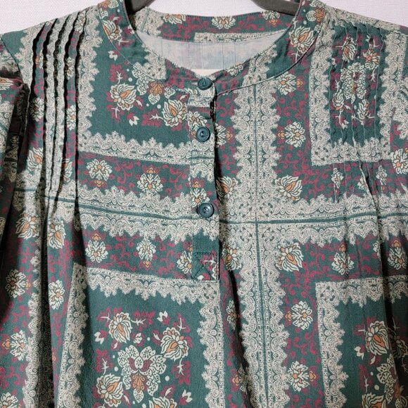 Porridge Womens Tunic Top Sz 1X Long Puff Sleeves Pleated Green Wine Floral Y2K - Picture 5 of 13